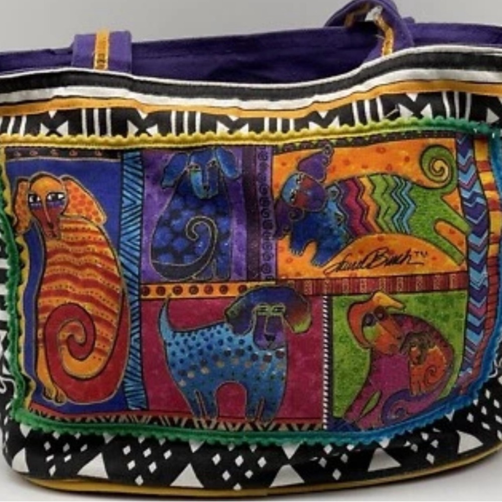 Laurel Burch‎ Colorful Dogs Canvas Tote Bag Boho Artcore Festival Y2K Purse